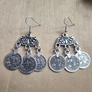 Boho silver tone coin earrings